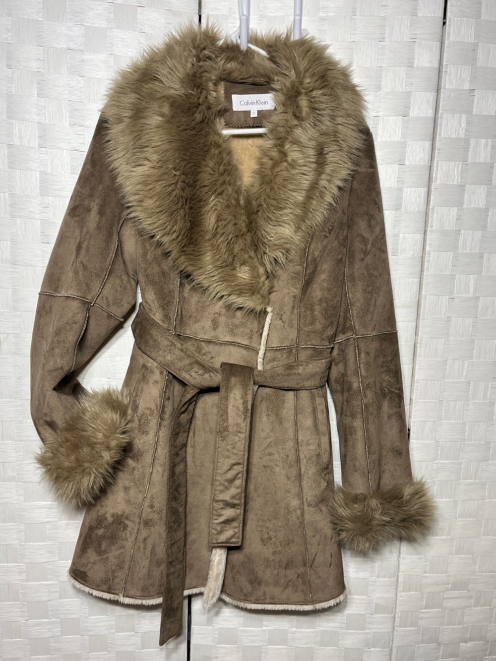 Calvin Klein Brown Faux Suede Trench Coat with Faux Fur Trim Size S